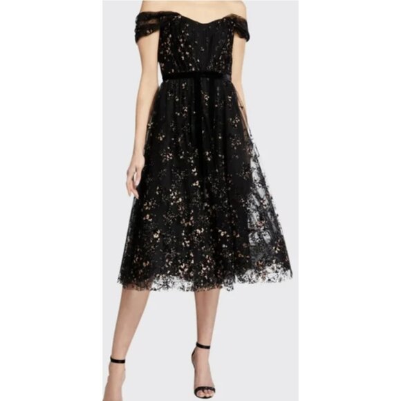 MARCHESA NOTTE Flocked Glitter Tulle Tea Length Dress Black Gold - Size 4 - Picture 2 of 15